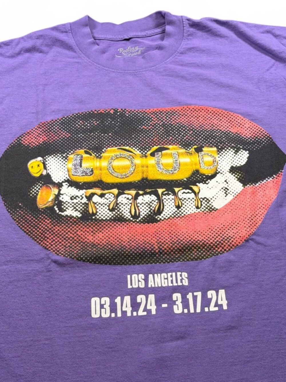 Rolling Loud LA 2024 Loud Mouth Grill Rap Bling Rhinestone Purple Tee Large